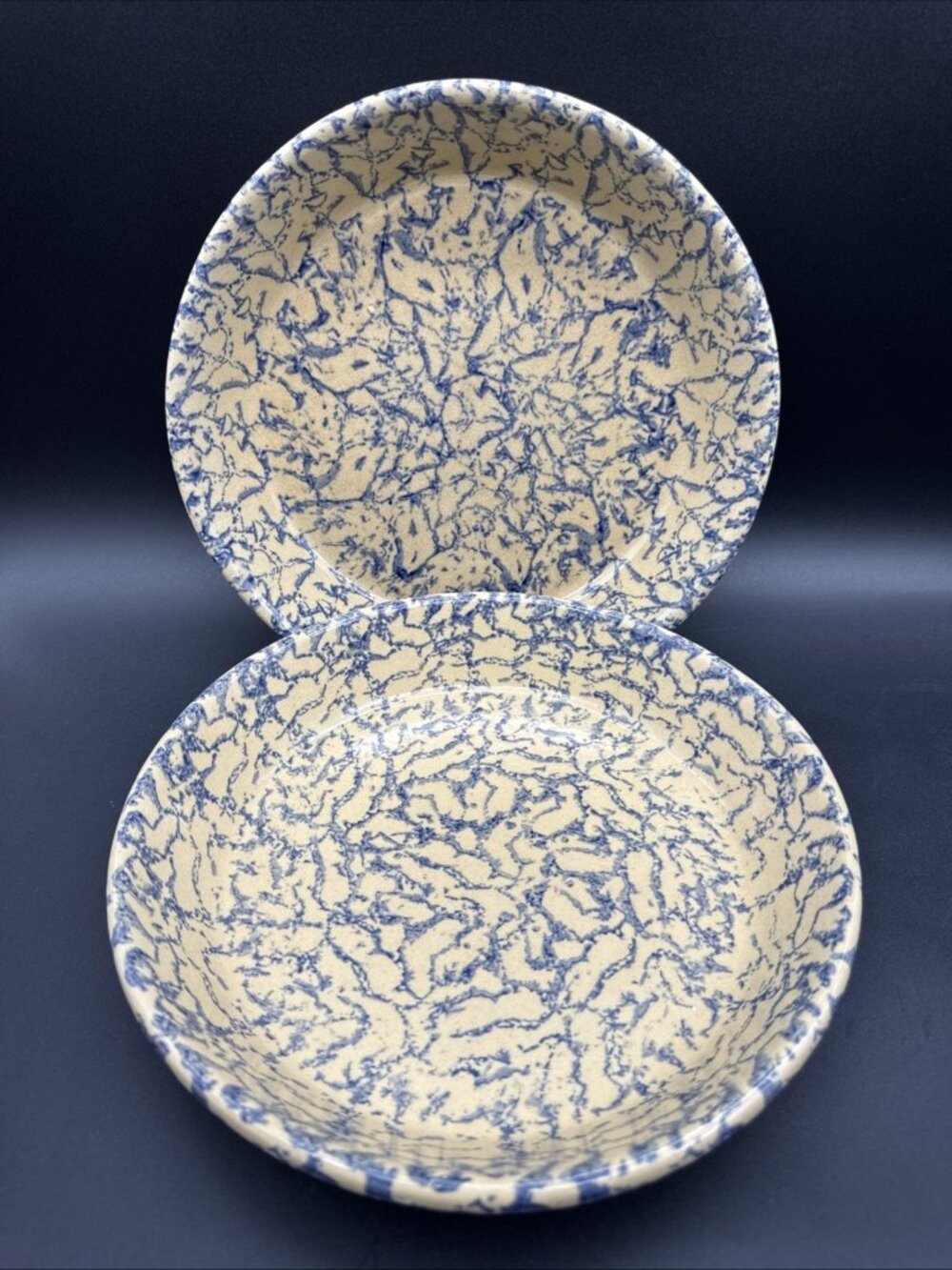 2 Robinson Ransbottom Pottery Pie Plate Blue Spongeware USA Roseville Ohio 9.5"